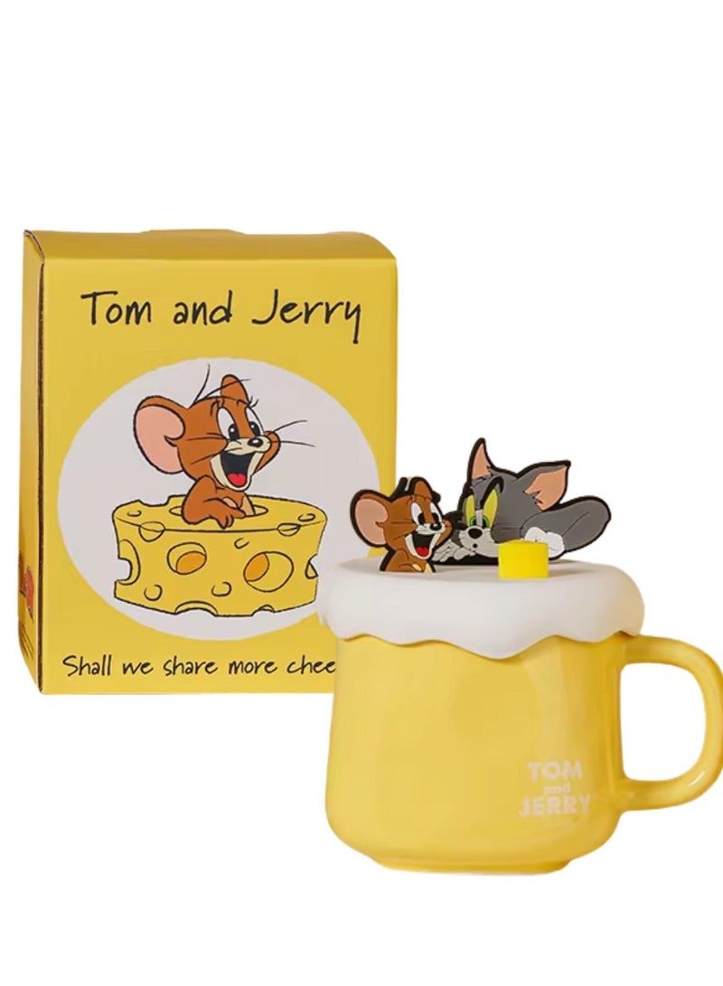 Disney Tom & Jerry Ceramic Mug with Lid – Cute Yellow Cheese-Themed Cartoon Coffee Cup, 3D Character Topper, 410ml, Heat-Resistant Ceramic, Gift Box Included - Image 1